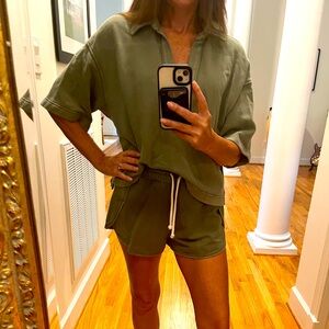 Aerie Olive Green Sweatshirt Lounge Set - short sleeve/shorts